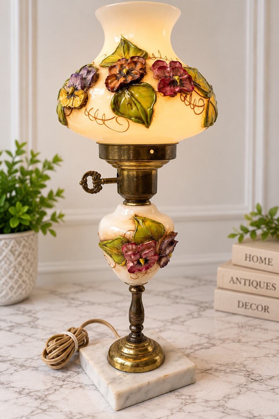 Antique table lamp hurricane milk glass body with raised, hand-painted 3D floral